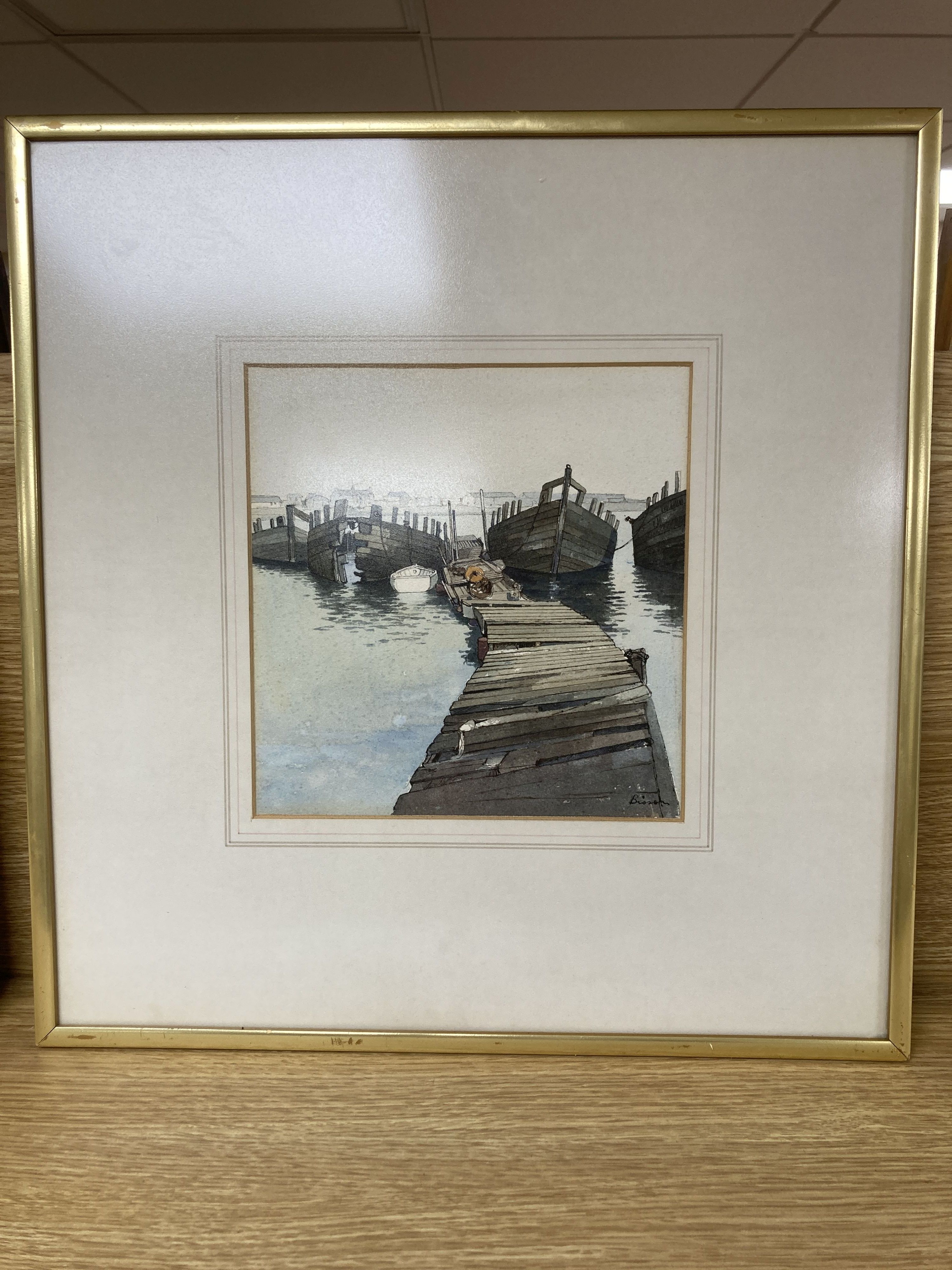 Paul Bisson (b.1938), ink and watercolour, Hulks in harbour, signed, 21.5 x 21cm